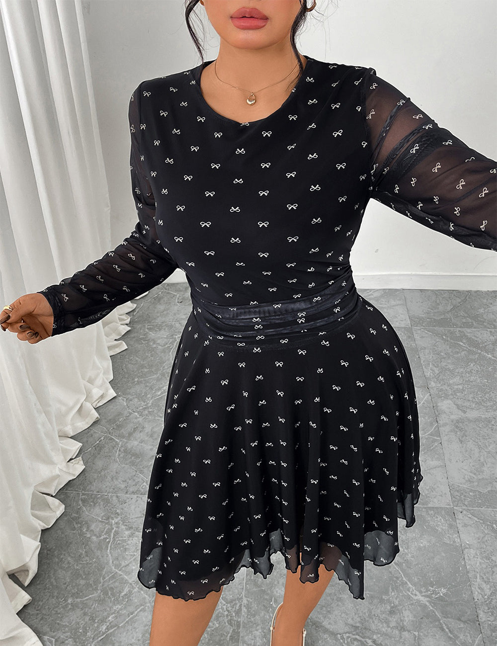 Women Plus Size Black Bow Print Chiffon A-Line Dress