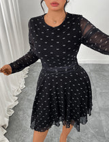 Women Plus Size Black Bow Print Chiffon A-Line Dress