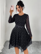 Women Plus Size Black Bow Print Chiffon A-Line Dress