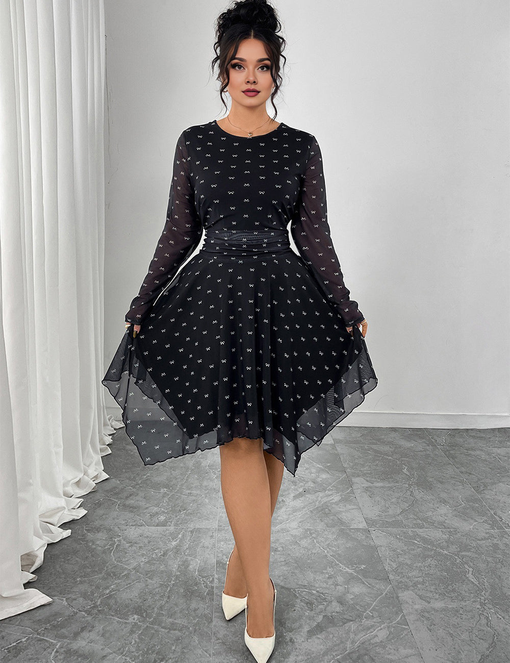 Women Plus Size Black Bow Print Chiffon A-Line Dress