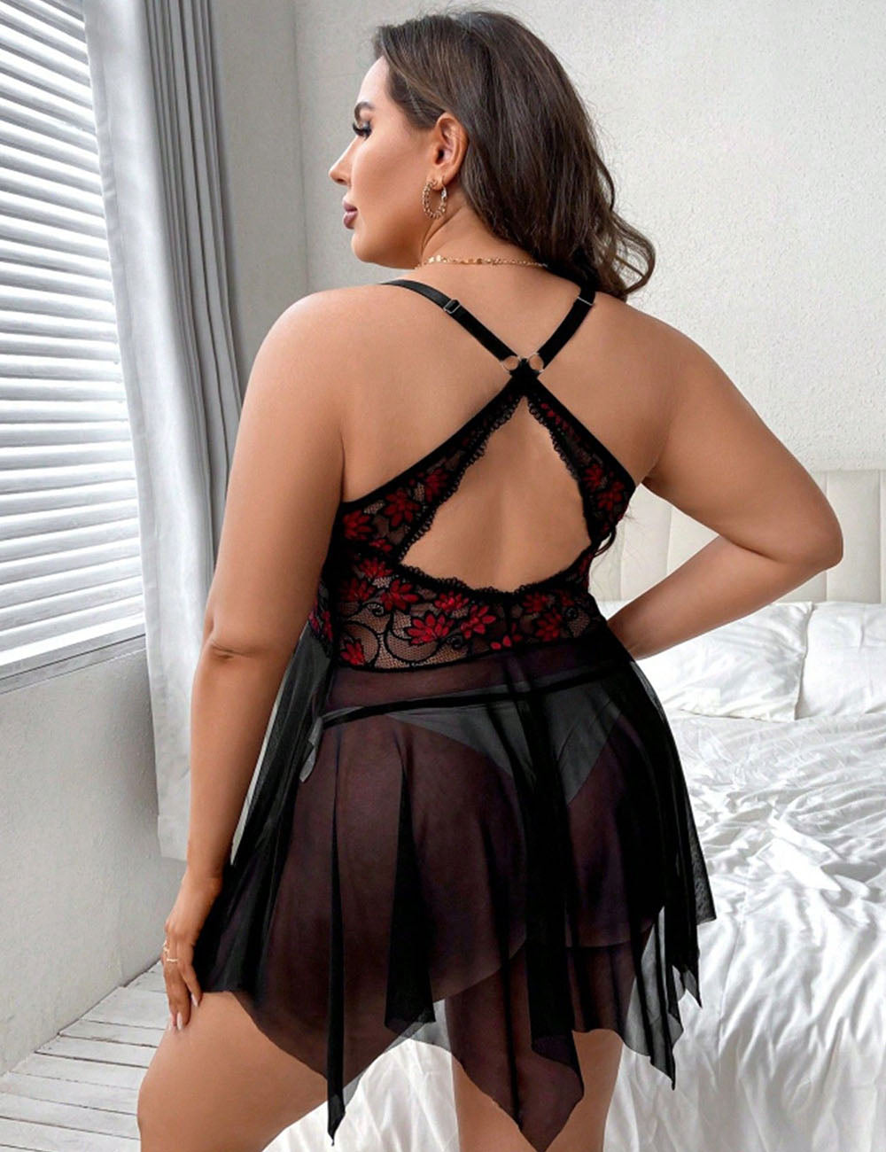 Women Plus Size Black Deep V Mesh Backless Babydoll-1