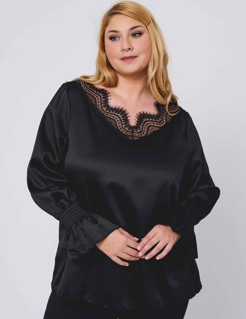 Women Plus Size Black Elegant Satin Lace V-Neck Blouse