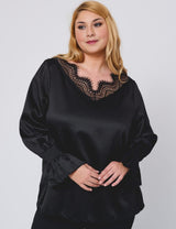 Women Plus Size Black Elegant Satin Lace V-Neck Blouse
