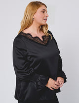 Women Plus Size Black Elegant Satin Lace V-Neck Blouse