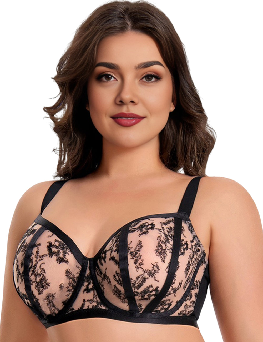 Women Plus Size Black Floral Embroidered Sheer Bra