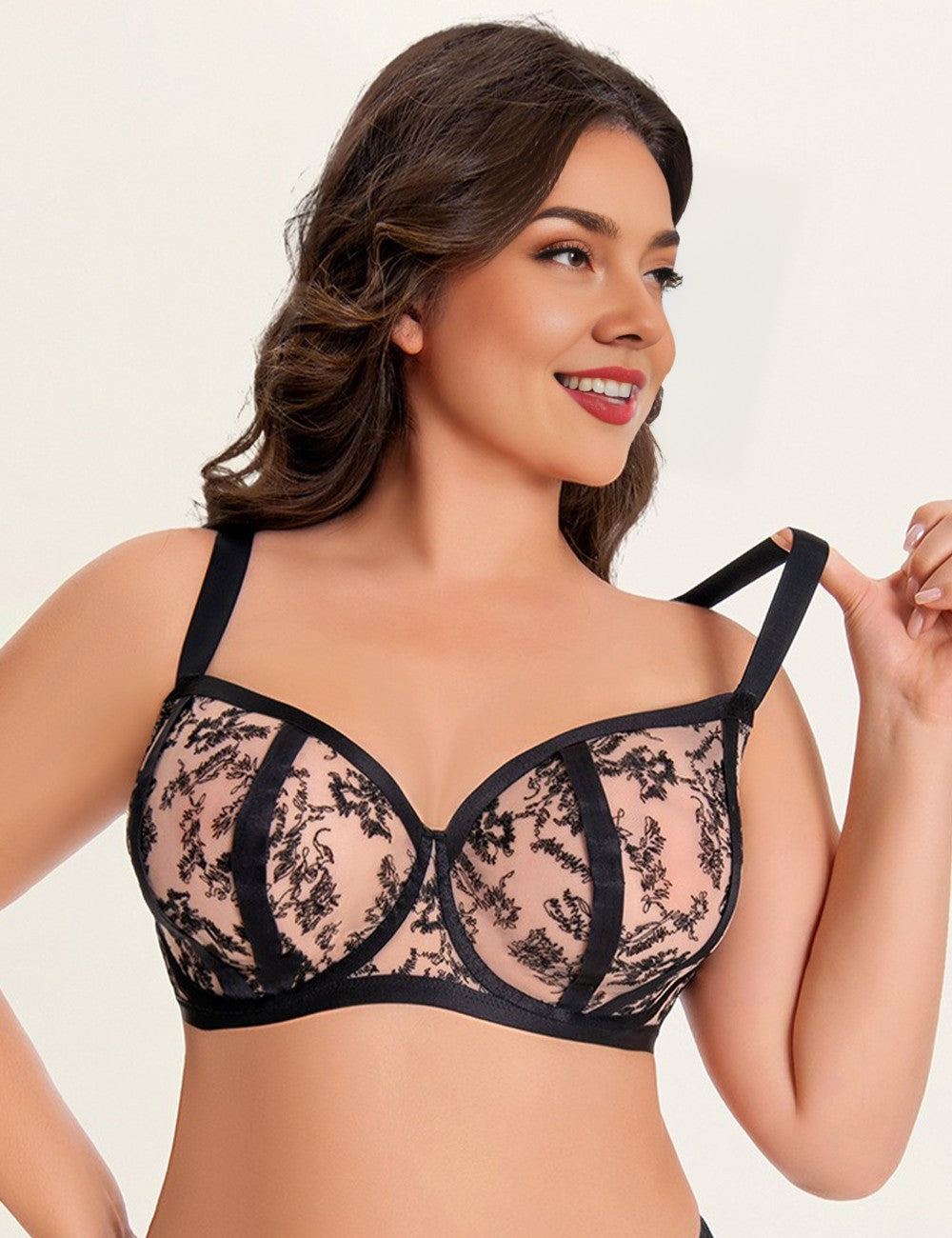Women Plus Size Black Floral Embroidered Sheer Bra