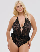 Women Plus Size Black Floral Lace Plunge Bodysuit