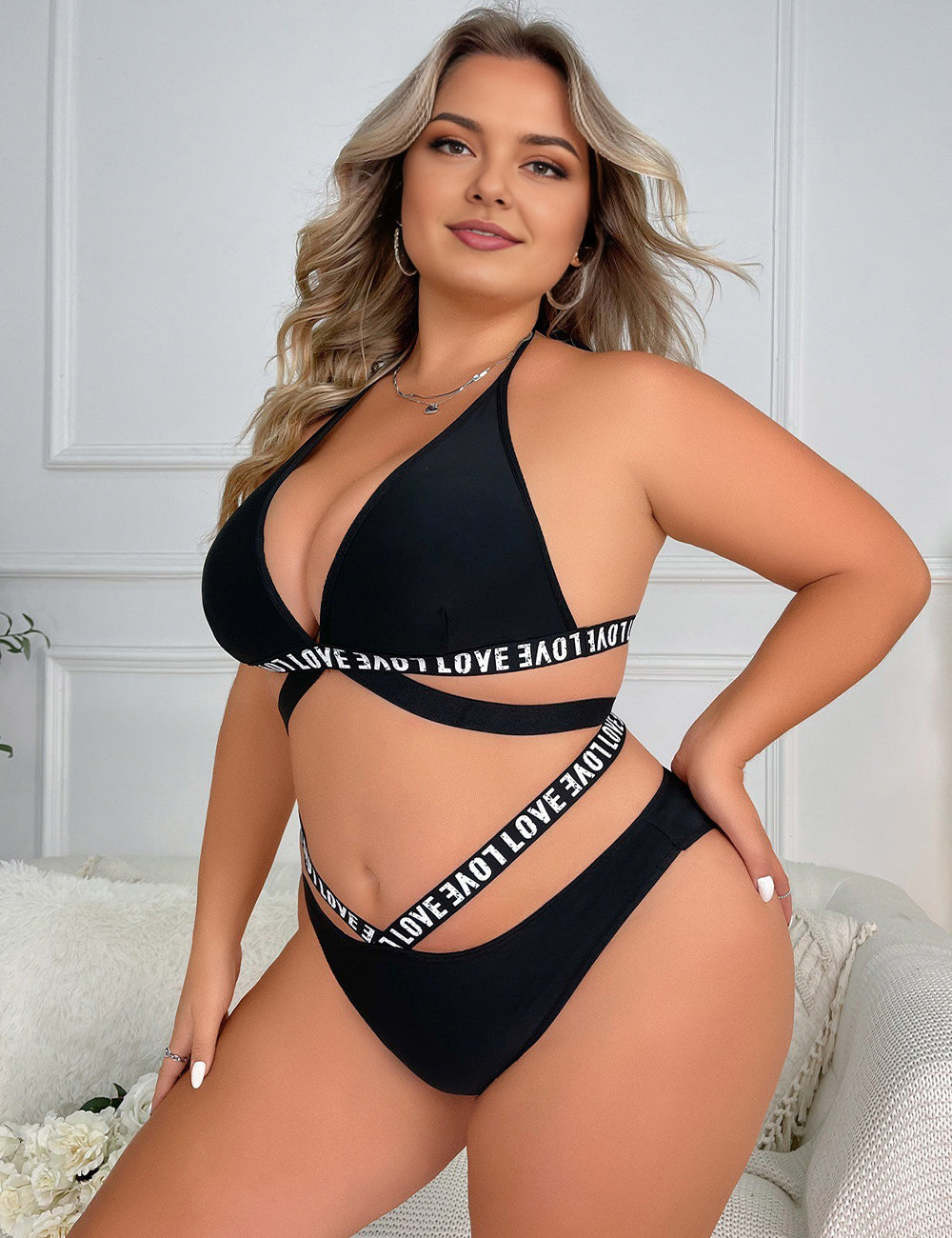 Women Plus Size Black Halter Bra Set