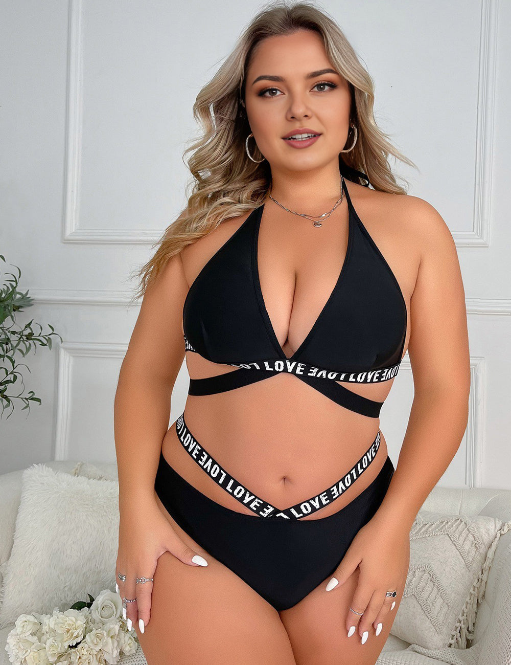 Women Plus Size Black Halter Bra Set