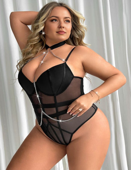 Women Plus Size Black Halter Neck Tandem Waist Chain Bodysuit-3