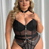 Women Plus Size Black Halter Neck Tandem Waist Chain Bodysuit