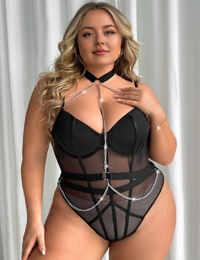 Women Plus Size Black Halter Neck Tandem Waist Chain Bodysuit
