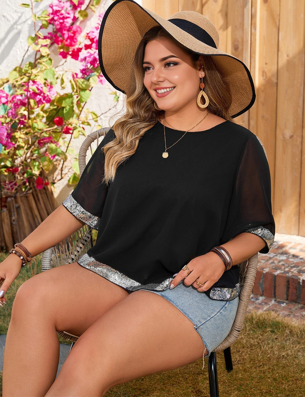 Women Plus Size Black Irregular Hem Sequined T Shirt