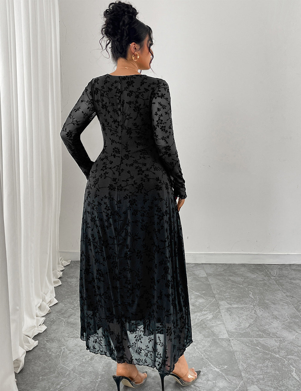 Women Plus Size Black Jacquard Mesh Patchwork V-Neck Maxi Dress