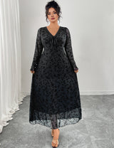 Women Plus Size Black Jacquard Mesh Patchwork V-Neck Maxi Dress