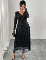 Women Plus Size Black Jacquard Mesh Patchwork V-Neck Maxi Dress