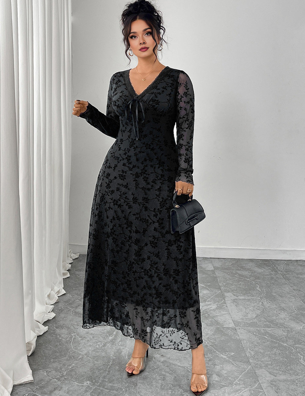 Women Plus Size Black Jacquard Mesh Patchwork V-Neck Maxi Dress