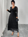 Women Plus Size Black Jacquard Mesh Patchwork V-Neck Maxi Dress