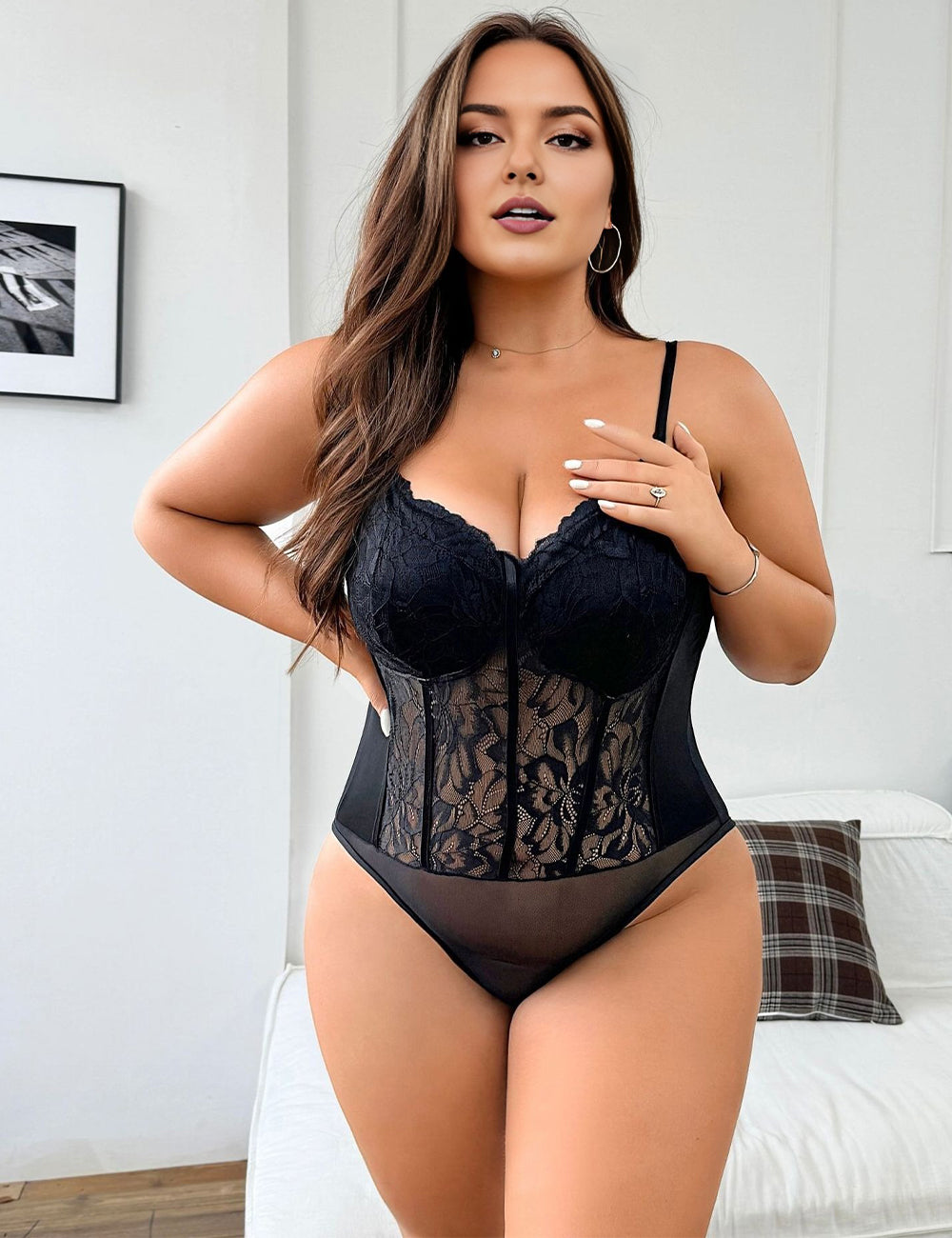 Women Plus Size Black Lace Bodysuit