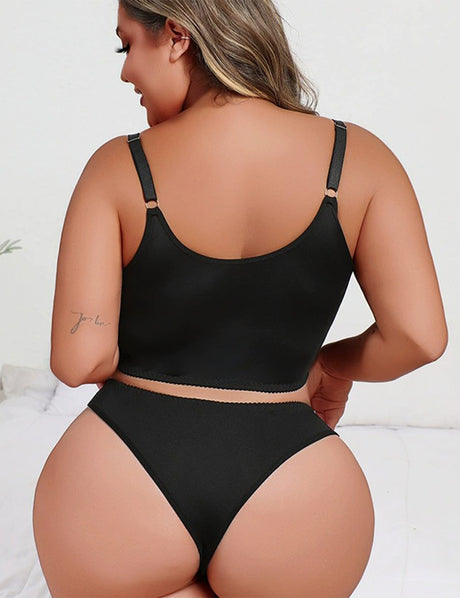 Women Plus Size Black Lace Embroidered Longline Bra Set