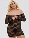 Women Plus Size Black Lace Off the Shoulder Long Sleeve Nightdress