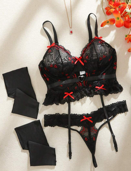 Women Plus Size Black Lace Red Bow Lingerie Set