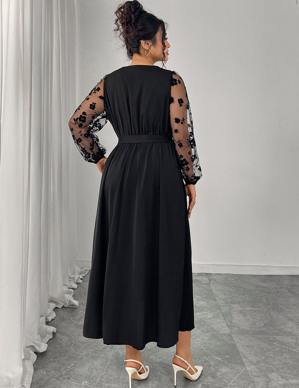 Women Plus Size Black Lace Stitching Long Sleeve A-Line Dress