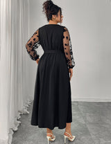 Women Plus Size Black Lace Stitching Long Sleeve A-Line Dress