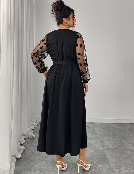 Women Plus Size Black Lace Stitching Long Sleeve A-Line Dress