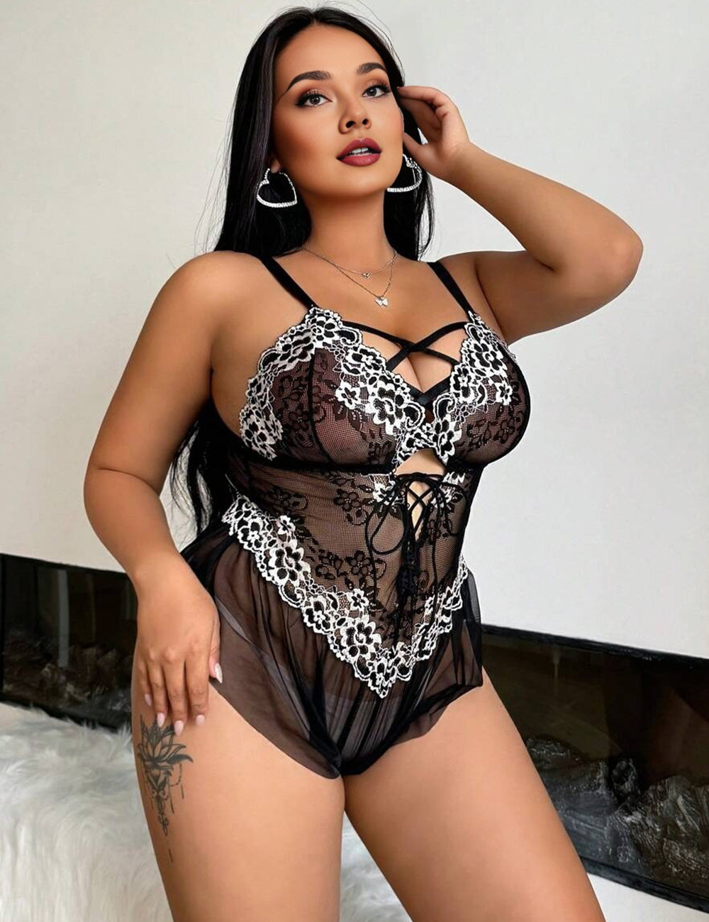 Women Plus Size Black Lace Teddy Lingerie