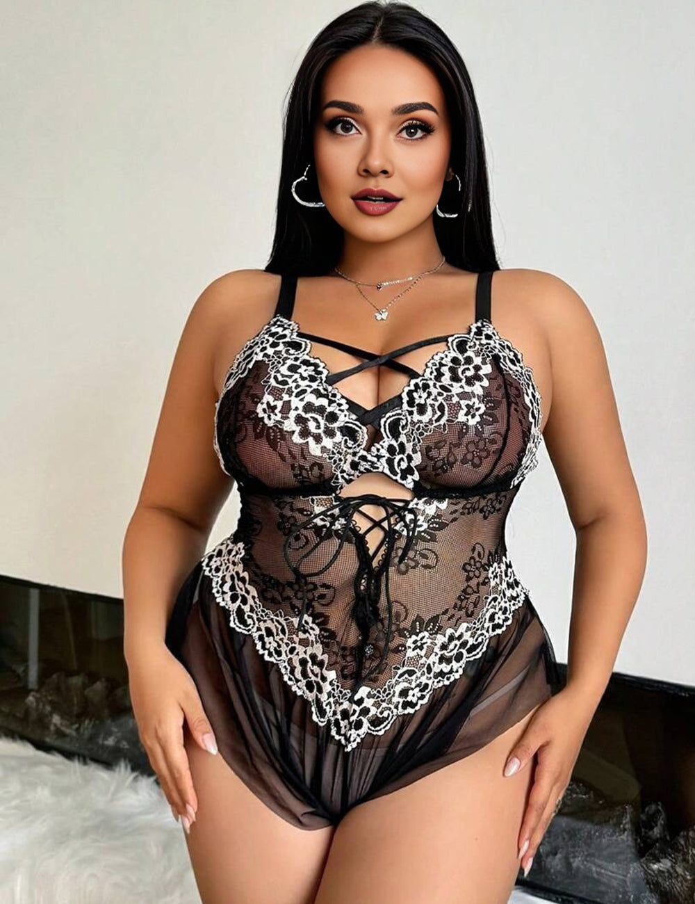 Women Plus Size Black Lace Teddy Lingerie