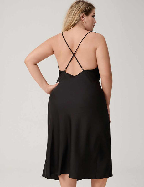 Women Plus Size Black Lace Trim Cut-Out Satin Nightgown