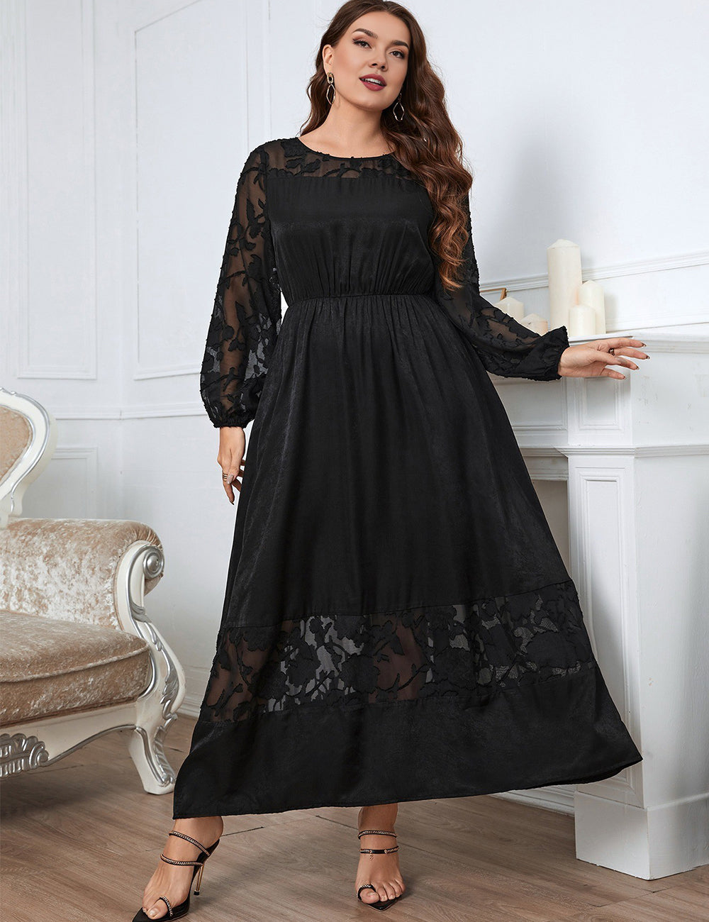 Women Plus Size Black Long Sleeves Round Neck Maxi Dress