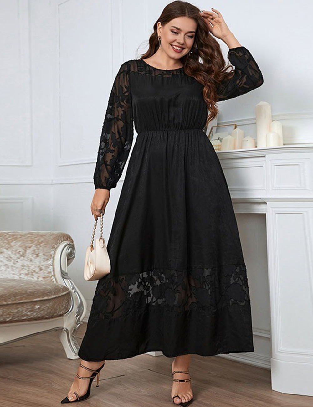 Women Plus Size Black Long Sleeves Round Neck Maxi Dress