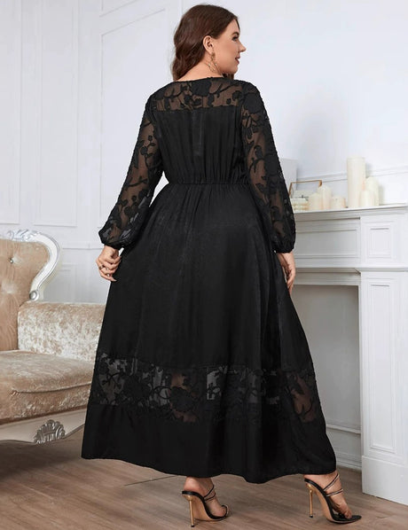 Women Plus Size Black Long Sleeves Round Neck Maxi Dress