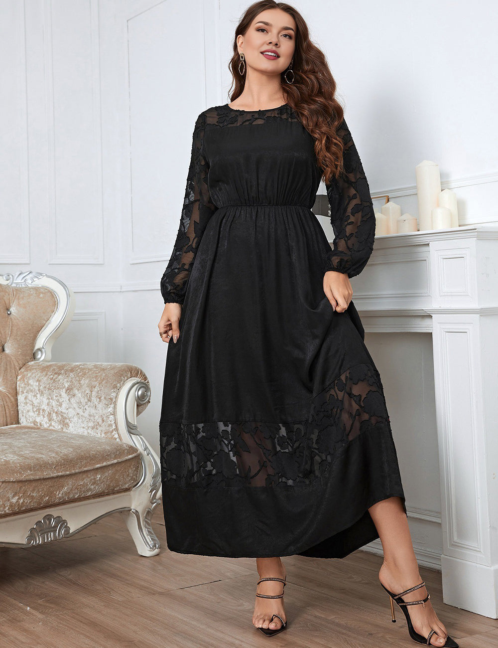 Women Plus Size Black Long Sleeves Round Neck Maxi Dress