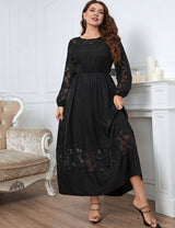 Women Plus Size Black Long Sleeves Round Neck Maxi Dress
