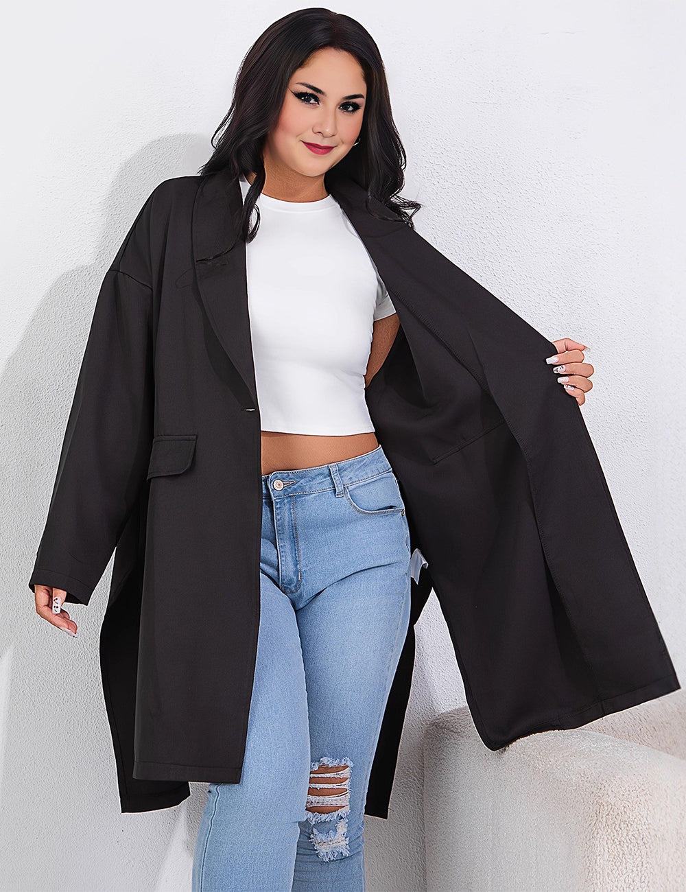 Women Plus Size Black Loose Blazer Split Long Sleeve Coat