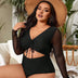 Women Plus Size Black Mesh Sleeve Cut Out One-Piece Swimsuit