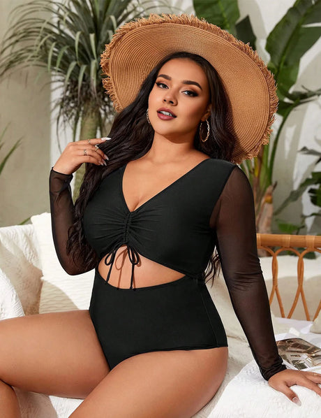 Women Plus Size Black Mesh Sleeve Cut Out One-Piece Swimsuit