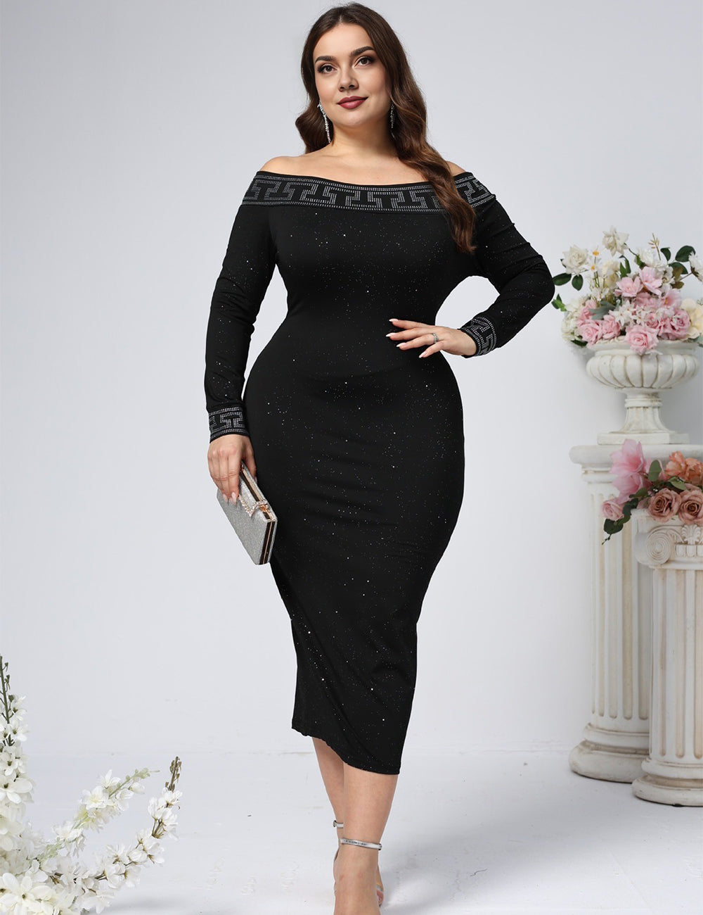 Women Plus Size Black Off-Shoulder Long Sleeve Bodycon Dress
