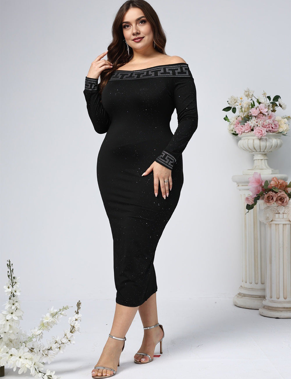 Women Plus Size Black Off-Shoulder Long Sleeve Bodycon Dress