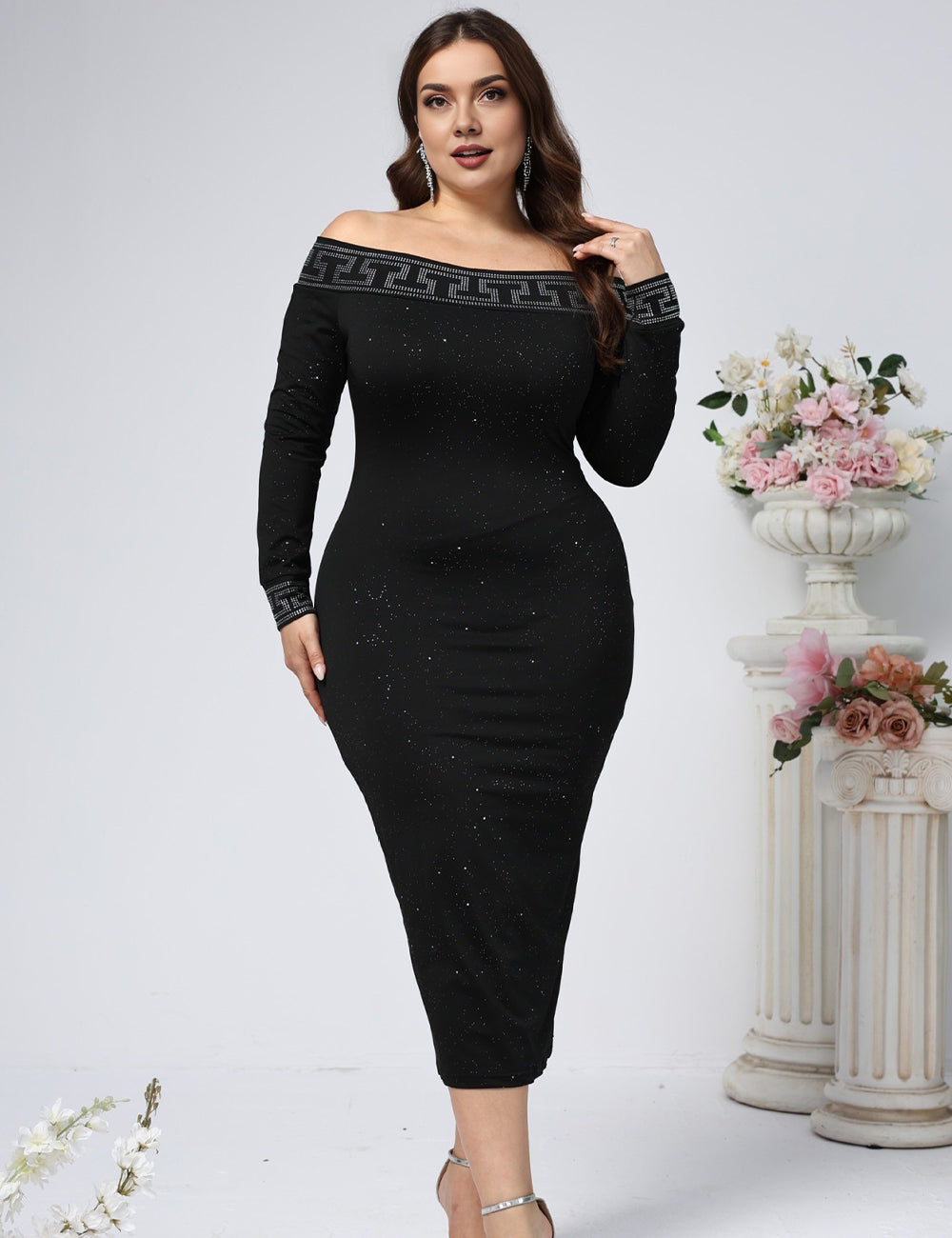 Women Plus Size Black Off-Shoulder Long Sleeve Bodycon Dress