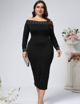 Women Plus Size Black Off-Shoulder Long Sleeve Bodycon Dress