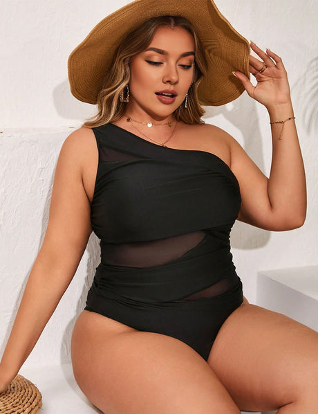 Women Plus Size Black One-shoulder High Elasticity One-piece Swimsuit
