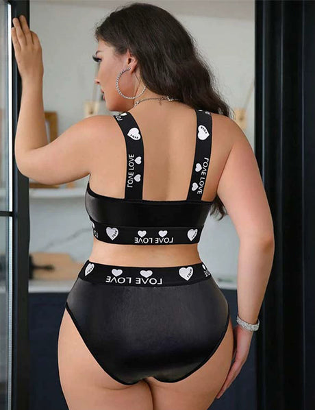 Women Plus Size Black PU Leather High Waist Bra Set