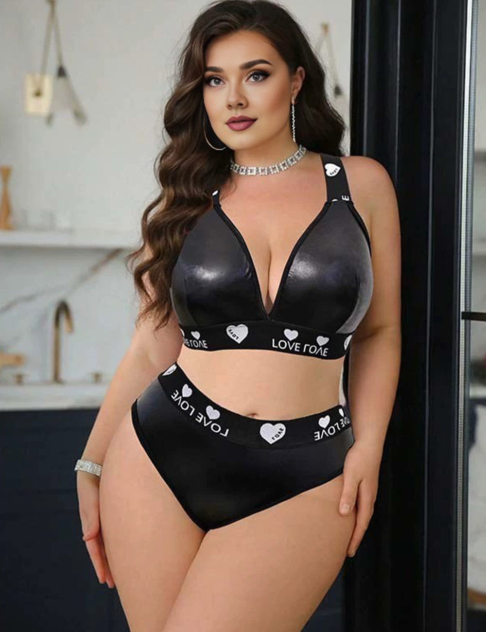 Women Plus Size Black PU Leather High Waist Bra Set
