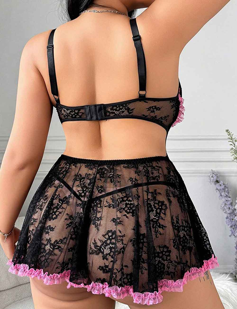 Women Plus Size Black & Pink Contrast Lace Babydoll