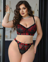 Women Plus Size Black Red Contrast Lace Bra Set