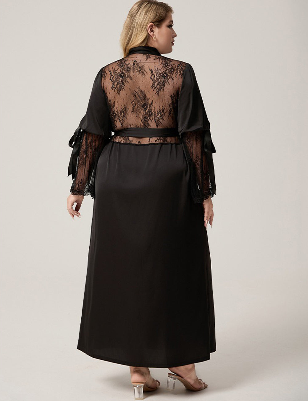 Women Plus Size Black Satin Lace-Trim Sleeve Robe